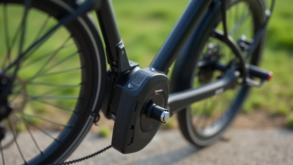 Detailní pohled na motor elektrokola a baterii s technickými prvky viditelné