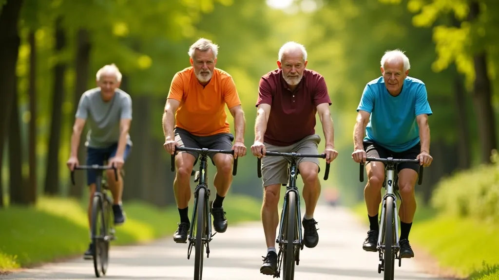 Skupina seniorů v cyklodresu jedoucí spolu po silnici