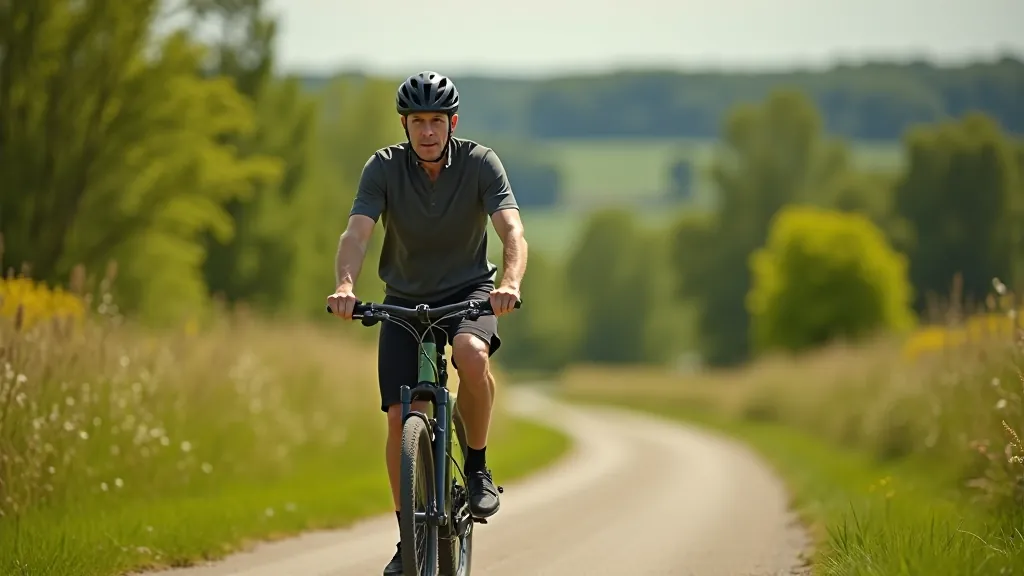 Starší cyklista jede nahoru po kopci na elektrických kolech s viditelným úsilím v obličeji, krásná přírodní krajina v pozadí