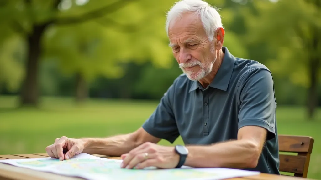 Senior plánuje cyklistickou trasu na mapě v přírodě